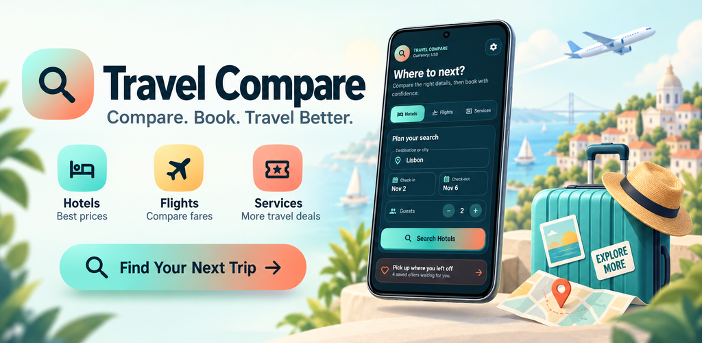 Travel Compare promotional artwork with a mobile mockup and travel objects