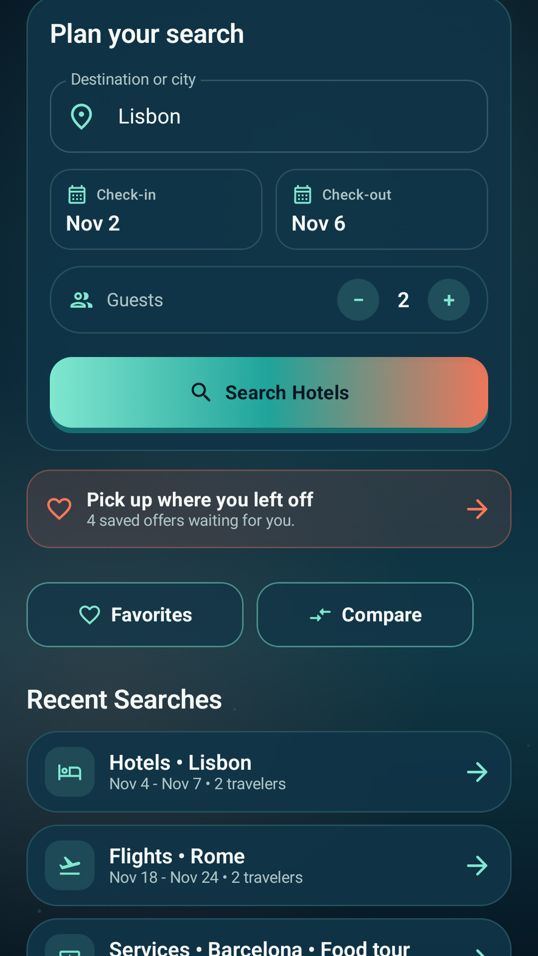 Travel Compare recent searches and favorites screen