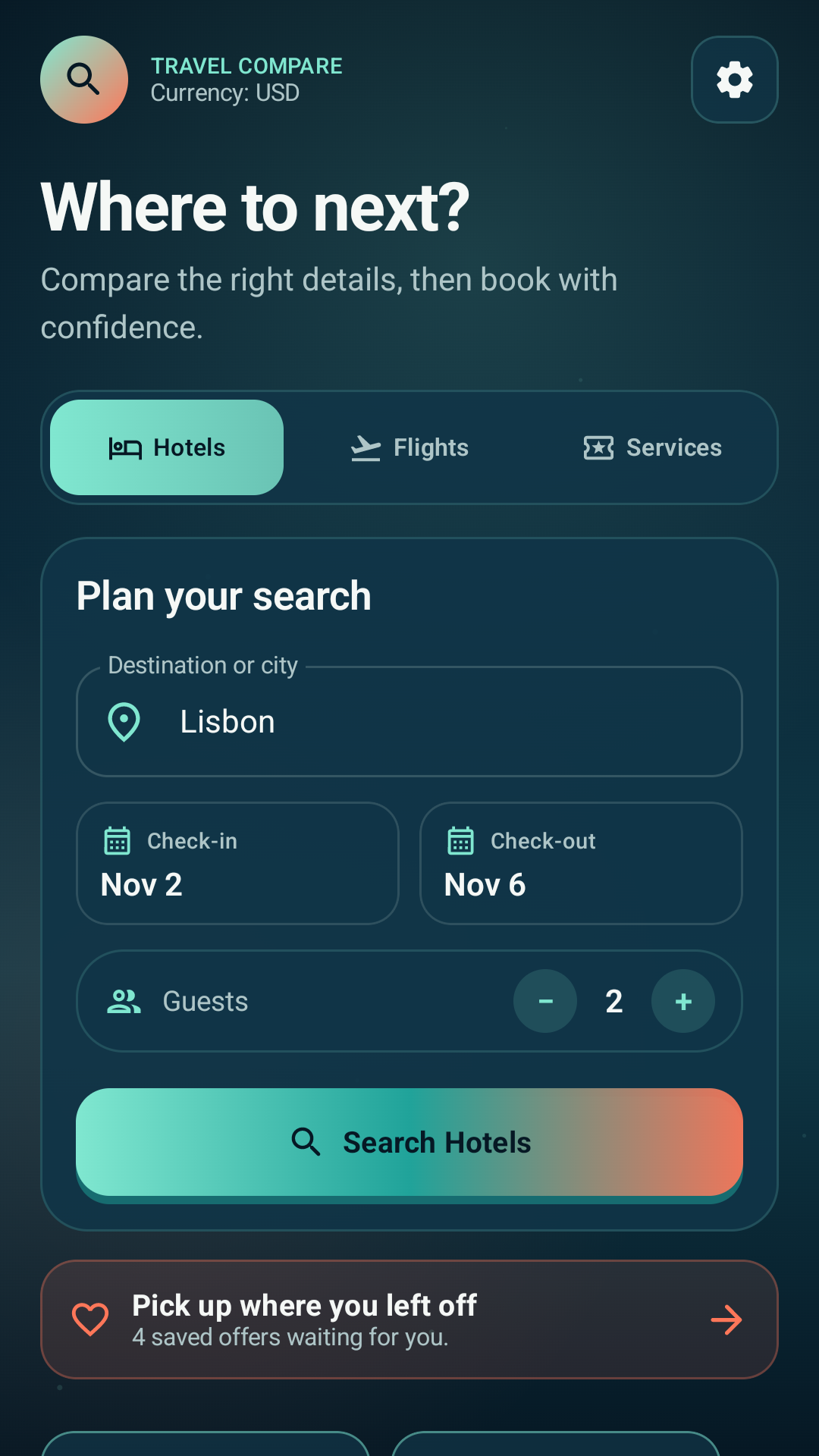 Travel Compare search setup screen